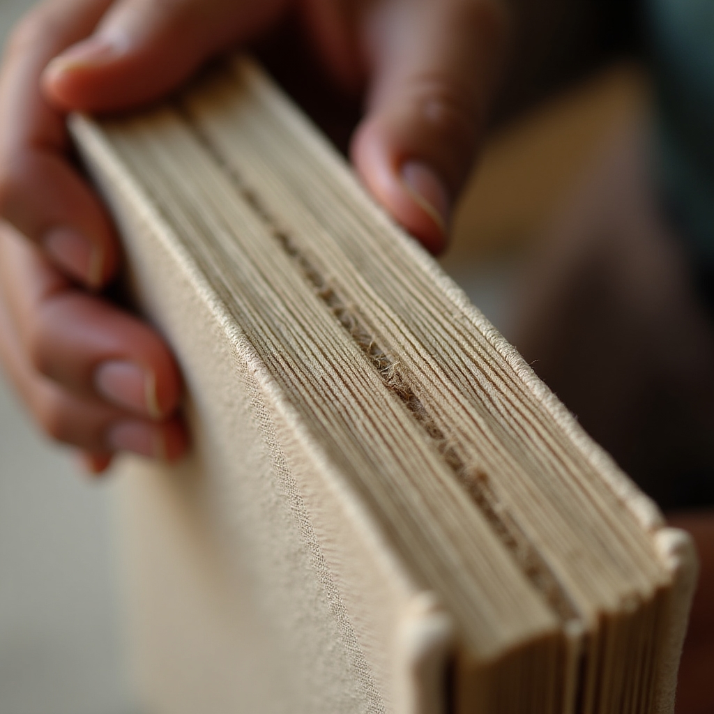 Primo piano di un dorso di libro in costruzione con nervi visibili e cucitura a punto italiano su cartone grigio