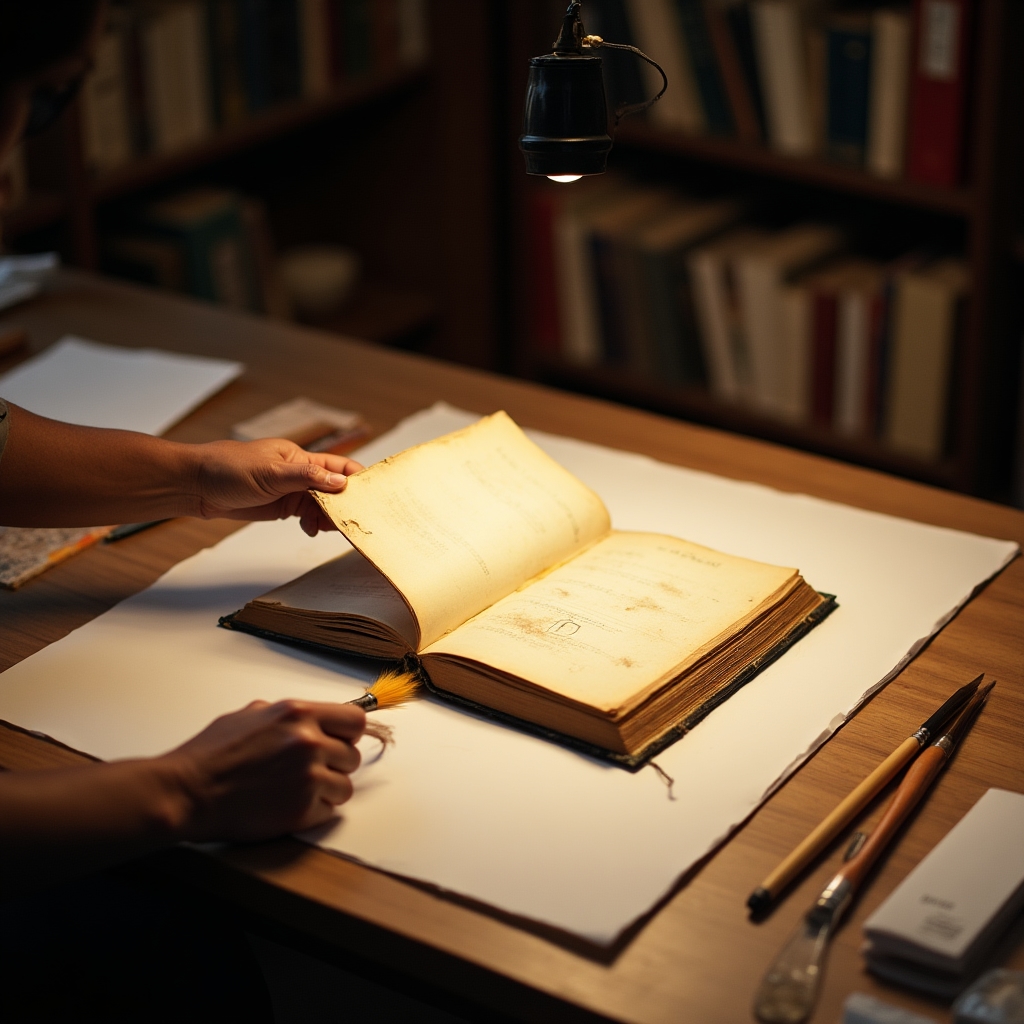 Libro antico aperto sul tavolo di restauro con strumenti di conservazione bibliografica
