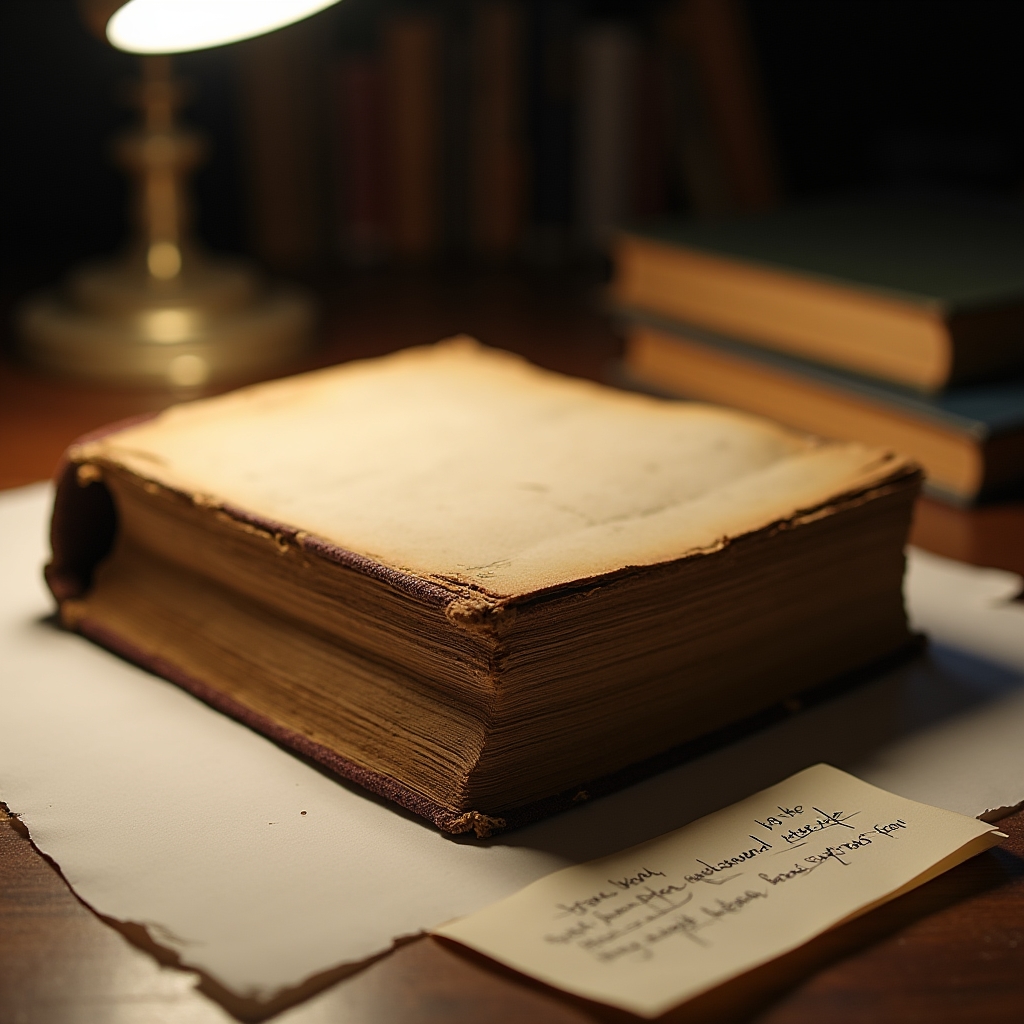 Libro antico con copertina deteriorata e pagine ingiallite sul tavolo di un laboratorio, prima del processo di restauro
