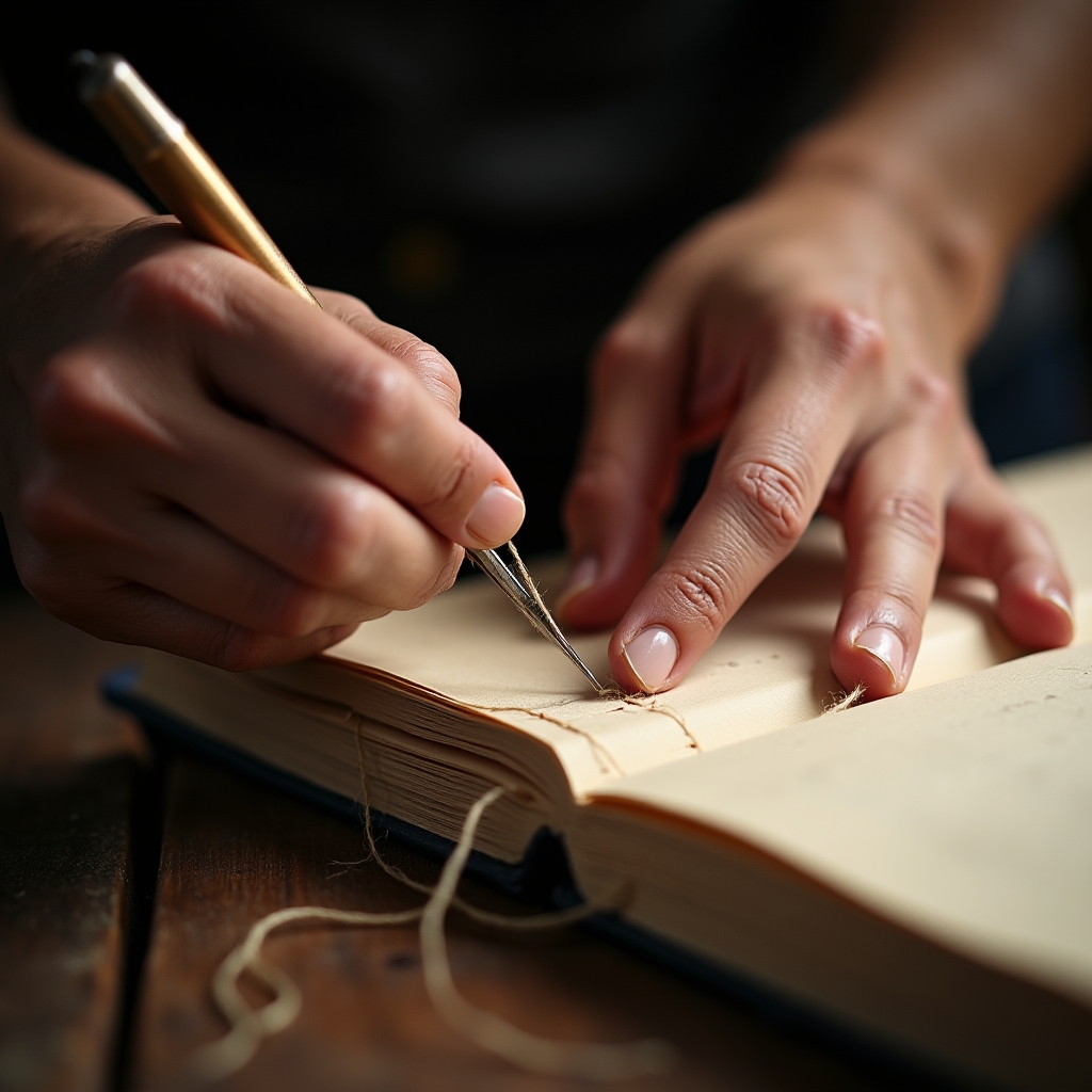 Mani che cuciono fascicoli di carta con ago e filo di lino su un tavolo di legno antico