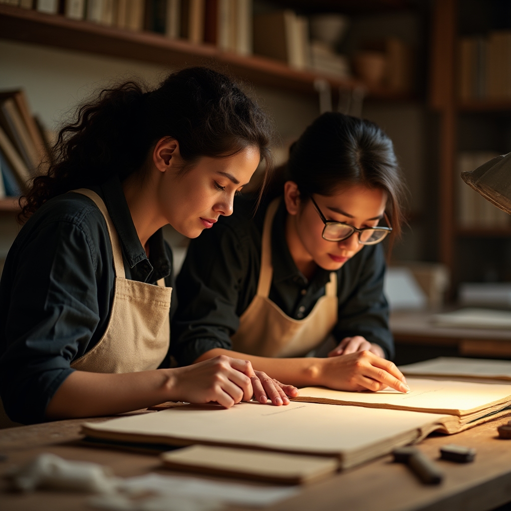 Maestra legatoriale che mostra tecniche di cucitura in laboratorio