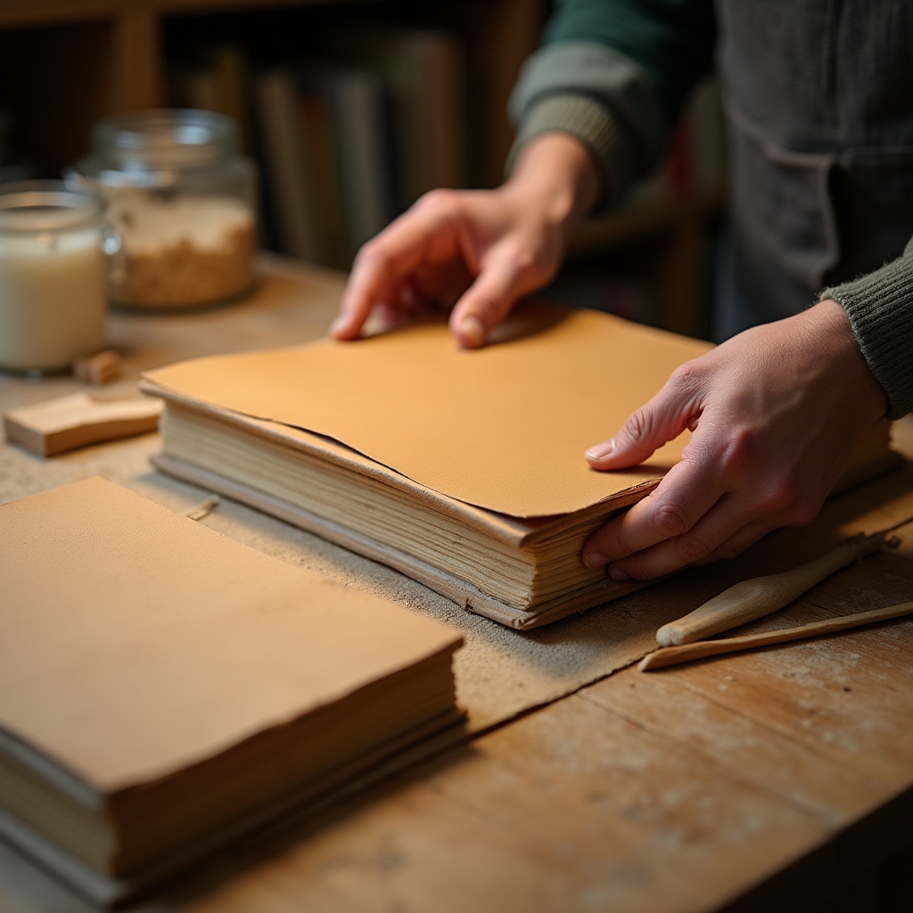 Artigiano che lavora una copertina in tela per libro rilegato a mano con strumenti tradizionali